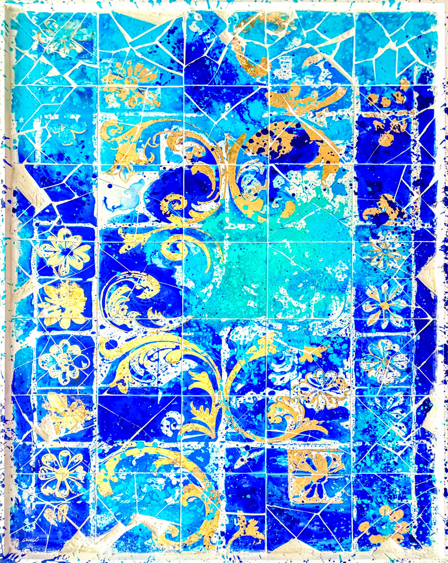 Blue and turquoise mosaic tiles with white cracks and gold floral patterns, splattered paint background.A contemporary art signed by O Gringo, on display at the LX Factory in Lisbon. The artist deploys a complex mixed-media technique, creating a textured dialogue between raw materials with traditional elements azulejos , and modern mediums (acrylic paint, charcoal, resin).